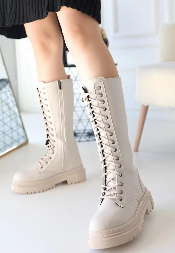 Mennd Bej Cilt Bağcıklı Çizme - Image 1