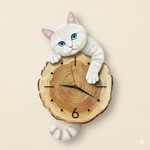 CajuArt Kütük Üzerinden Bakan Beyaz Kedi Tasarımlı Duvar Saati Modern Dekoratif Saat - Image 1