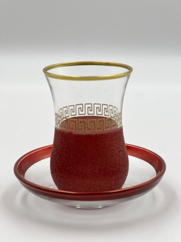 Altın Geometrik Desenli 6 Kişilik Çay Bardağı Seti Kırmızı  - Image 1