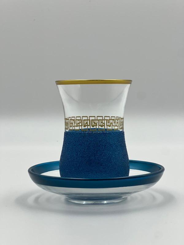 Altın Geometrik Desenli 6 Kişilik Çay Bardağı Seti Mavi - Image 1