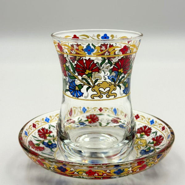 Floral Desenli İznik Çini Motifli 6 Kişilik Çay Bardağı Seti - Image 1