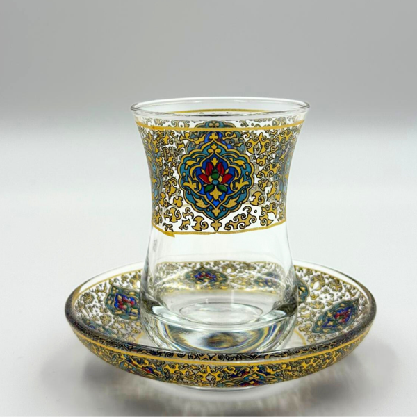 Zümrüt Yeşili Klasik Osmanlı Çini Desenli 6 Kişilik Çay Bardağı Seti - Image 1