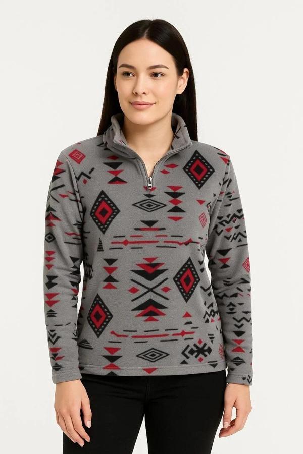 Kadın Yarım Fermuarlı Desenli Polar Sweat Tribal Etnik Desen Yakalı, Uzun Kollu, Oversize Rahat Kalı - Image 1