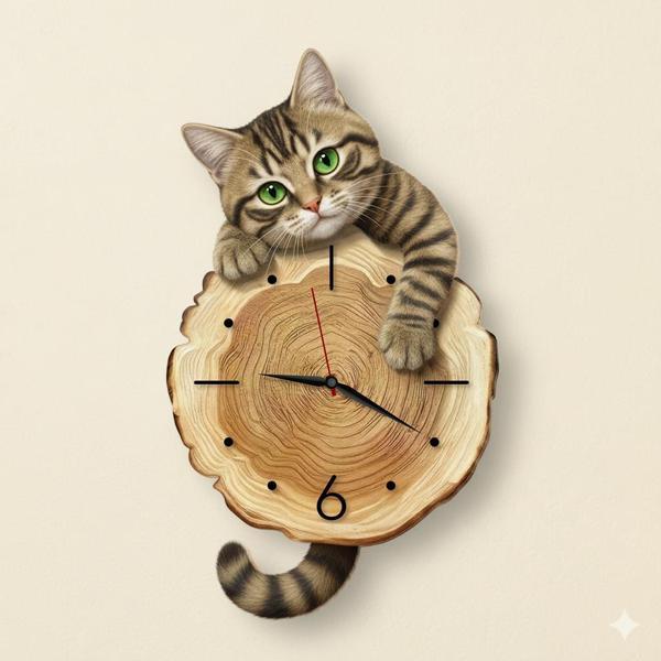 CajuArt Kütük Üzerinden Bakan Tekir Kedi Tasarımlı Duvar Saati Modern Dekoratif Saat - Image 1