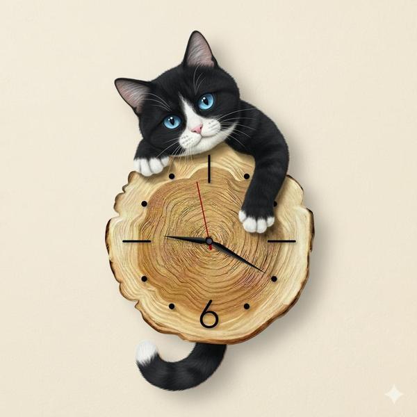 CajuArt Kütük Üzerinden Bakan Smokin Kedi Tasarımlı Duvar Saati Modern Dekoratif Saat - Image 1