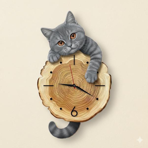 CajuArt Kütük Üzerinden Bakan Gri Kedi Tasarımlı Duvar Saati Modern Dekoratif Saat - Image 1