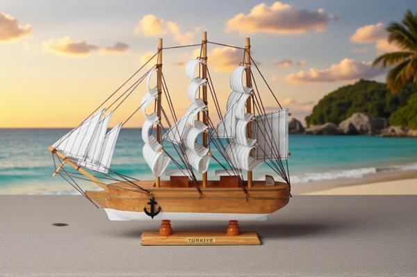 Dekoratif Ahşap El Yapımı Yelkenli Gemi Maketi Masaüstü Biblo Ev Ofis Hediyesi 40 cm. Model A - Image 1