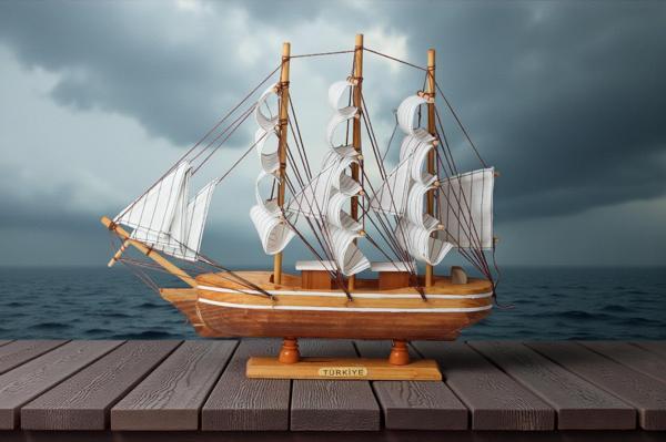 Dekoratif Ahşap El Yapımı Yelkenli Gemi Maketi Masaüstü Biblo Ev Ofis Hediyesi 40 cm. Model B - Image 1