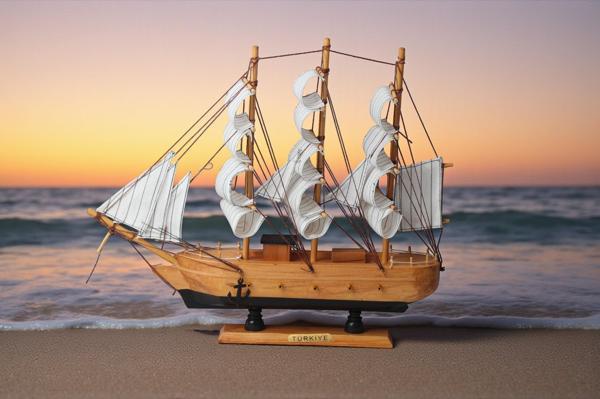 Dekoratif Ahşap El Yapımı Yelkenli Gemi Maketi Masaüstü Biblo Ev Ofis Hediyesi 40 cm. Model D - Image 1