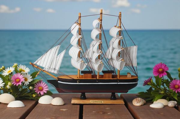 Dekoratif Ahşap El Yapımı Yelkenli Gemi Maketi Masaüstü Biblo Ev Ofis Hediyesi 40 cm. Model E - Image 1