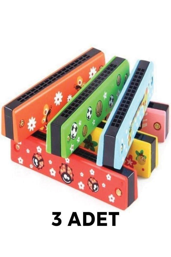 Ahşap Mızıka Renkli Desenli Çocuk Mızıka – Renkli Mızıka – 16 Delikli Çift Sıralı Mızıka 3 Adet - Image 1