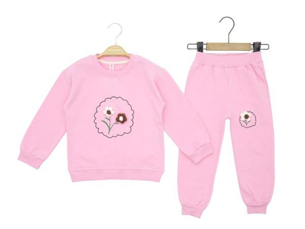 ÇİÇEK AKSESUARLI İKİ İPLİK ALT ÜST TAKIM - MYB9244-Pembe-3 Yaş Pembe - Image 1