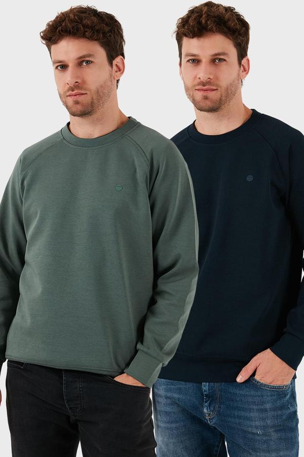 Buratti Streç Pamuklu Relaxed Fit Bisiklet Yaka 2'li Paket Erkek Sweat 5901210S2 HAKİ-LACİVERT - Image 1