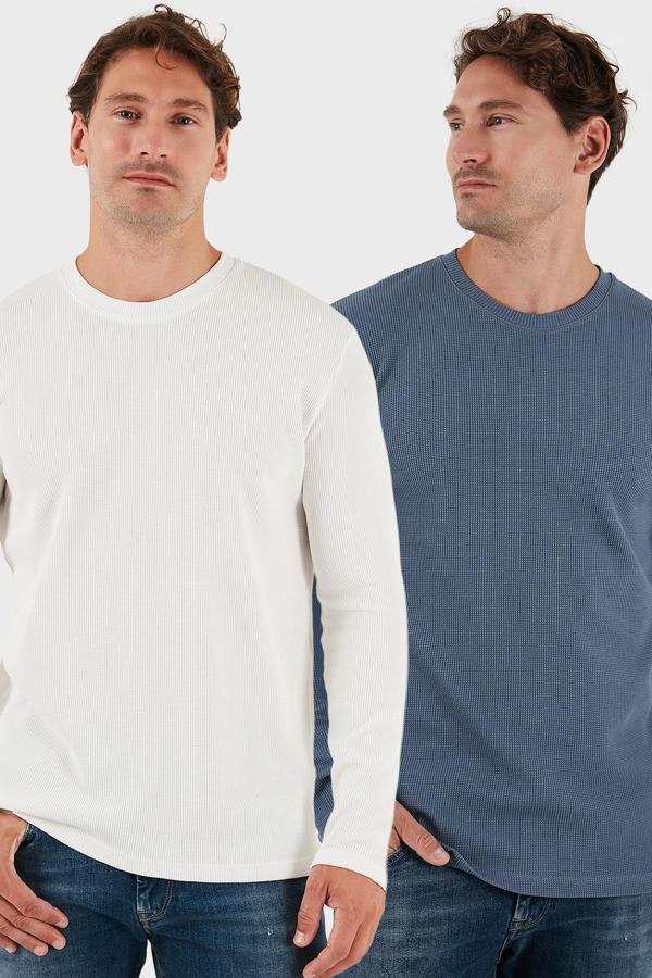 Buratti Pamuklu Bisiklet Yaka Slim Fit Basic 2'li Paket Erkek Sweat 5905073S2 Ekru-Koyu Gri - Image 1