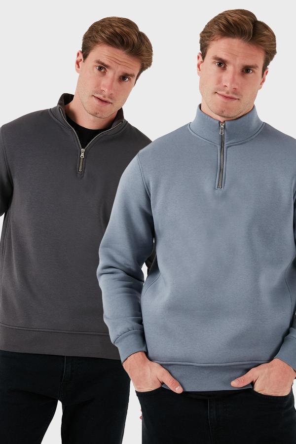 Buratti Pamuklu Regular Fit Dik Yaka 2'li Paket Erkek Sweat 59052592S2 ANTRASİT-KOYU GRİ - Image 1