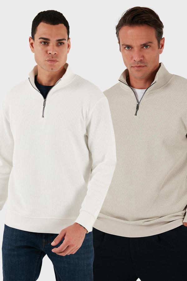 Buratti Pamuklu Regular Fit Yarım Fermuarlı Dik Yaka 2'li Paket Erkek Sweat 5905716S2 EKRU-TAŞ - Image 1