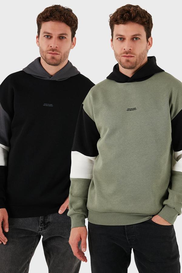 Buratti Pamuklu Relaxed Fit Kapüşonlu İçi Tüylü Yumuşak Şardonlu 2' li Paket Erkek Sweat 5905299S2 HAKİ-SİYAH - Image 1