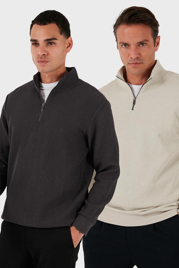 Buratti Pamuklu Regular Fit Yarım Fermuarlı Dik Yaka 2'li Paket Erkek Sweat 5905716S2 Antrasit-Taş - Image 1