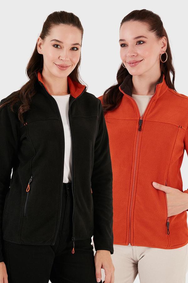 Lela Slim Fit Anti-Pilling Tüylenme Yapmayan Fermuarlı Cepli Hırka 2' li Paket Bayan Polar 5907002S2 SİYAH-ORANGE - Image 1