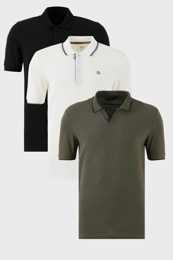 Buratti Pamuklu Regular Fit 3'lü Paket Erkek Polo Yaka T Shirt 59029641827S3 Haki-Siyah-Beyaz - Image 1