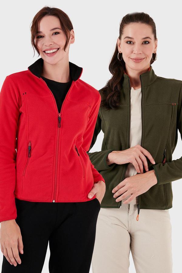 Lela Slim Fit Anti-Pilling Tüylenme Yapmayan Fermuarlı Cepli Hırka 2' li Paket Bayan Polar 5907002S2 Kırmızı-Haki - Image 1