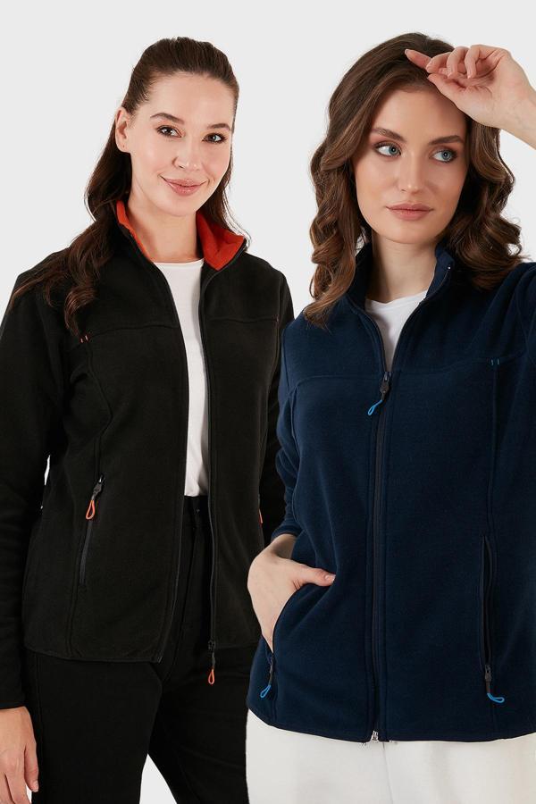 Lela Slim Fit Anti-Pilling Tüylenme Yapmayan Fermuarlı Cepli Hırka 2' li Paket Bayan Polar 5907002S2 LACİVERT-SİYAH - Image 1
