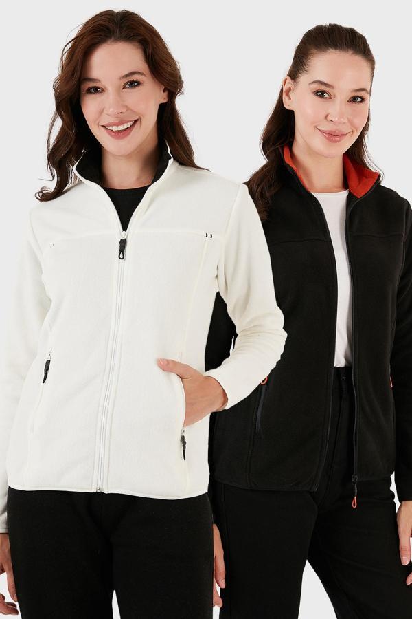 Lela Slim Fit Anti-Pilling Tüylenme Yapmayan Fermuarlı Cepli Hırka 2' li Paket Bayan Polar 5907002S2 EKRU-SİYAH - Image 1