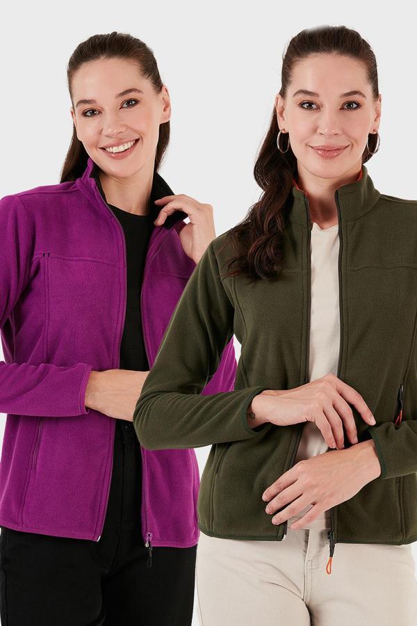 Lela Slim Fit Anti-Pilling Tüylenme Yapmayan Fermuarlı Cepli Hırka 2' li Paket Bayan Polar 5907002S2 Mor-Haki - Image 1