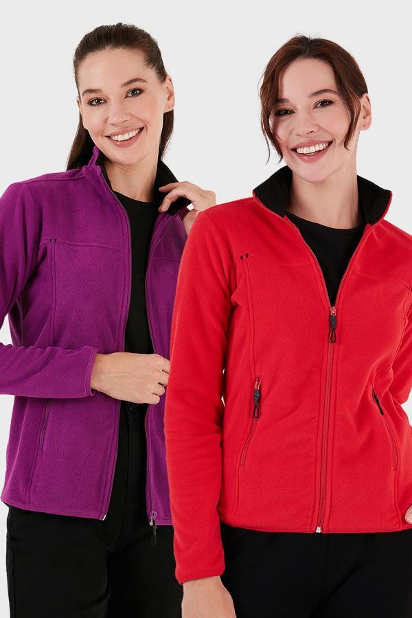 Lela Slim Fit Anti-Pilling Tüylenme Yapmayan Fermuarlı Cepli Hırka 2' li Paket Bayan Polar 5907002S2 KIRMIZI-MOR - Image 1