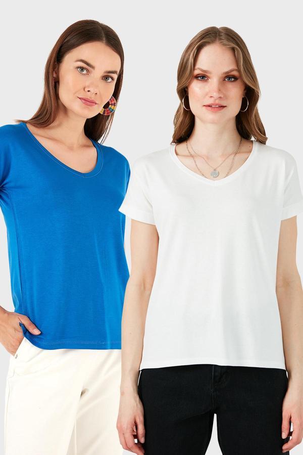 Lela V Yaka Relaxed Fit Yırtmaç Detaylı 2'li Paket Bayan Bluz 5862000S2 Ekru-Saks - Image 1