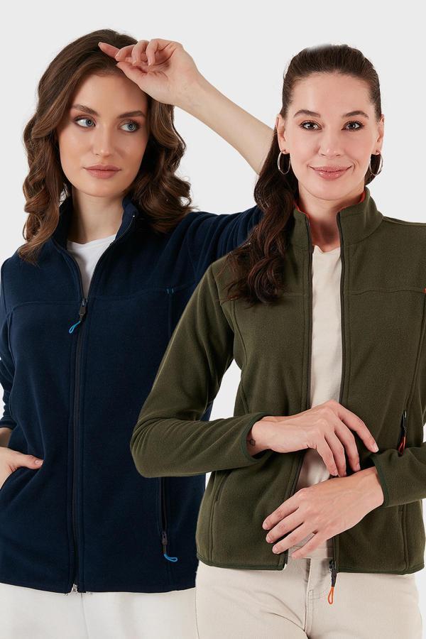 Lela Slim Fit Anti-Pilling Tüylenme Yapmayan Fermuarlı Cepli Hırka 2' li Paket Bayan Polar 5907002S2 HAKİ-LACİVERT - Image 1