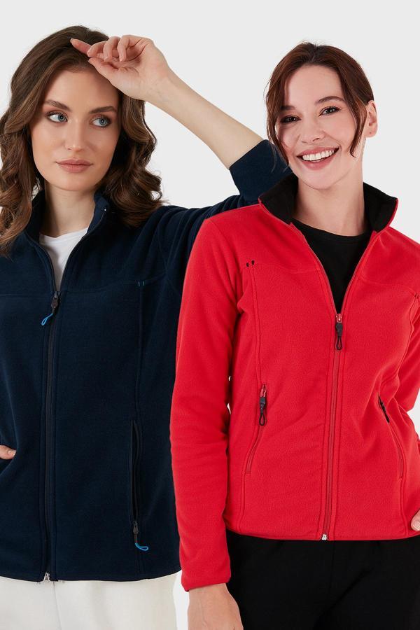 Lela Slim Fit Anti-Pilling Tüylenme Yapmayan Fermuarlı Cepli Hırka 2' li Paket Bayan Polar 5907002S2 KIRMIZI-LACİVERT - Image 1