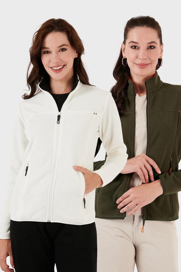 Lela Slim Fit Anti-Pilling Tüylenme Yapmayan Fermuarlı Cepli Hırka 2' li Paket Bayan Polar 5907002S2 Ekru-Haki - Image 1