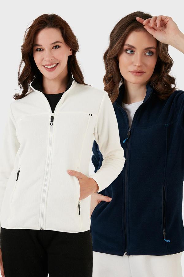 Lela Slim Fit Anti-Pilling Tüylenme Yapmayan Fermuarlı Cepli Hırka 2' li Paket Bayan Polar 5907002S2 EKRU-LACİVERT - Image 1