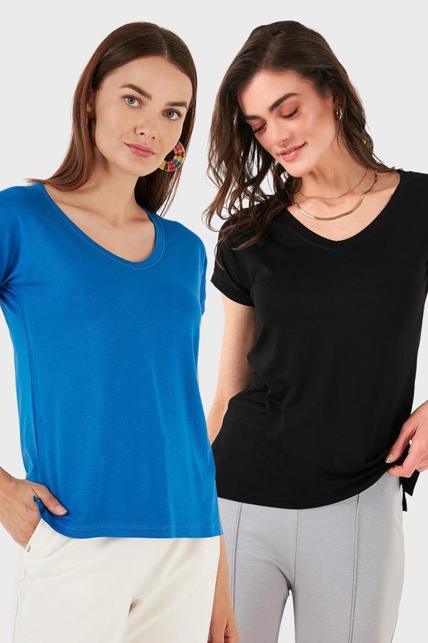 Lela V Yaka Relaxed Fit Yırtmaç Detaylı 2'li Paket Bayan Bluz 5862000S2 SİYAH-SAKS - Image 1