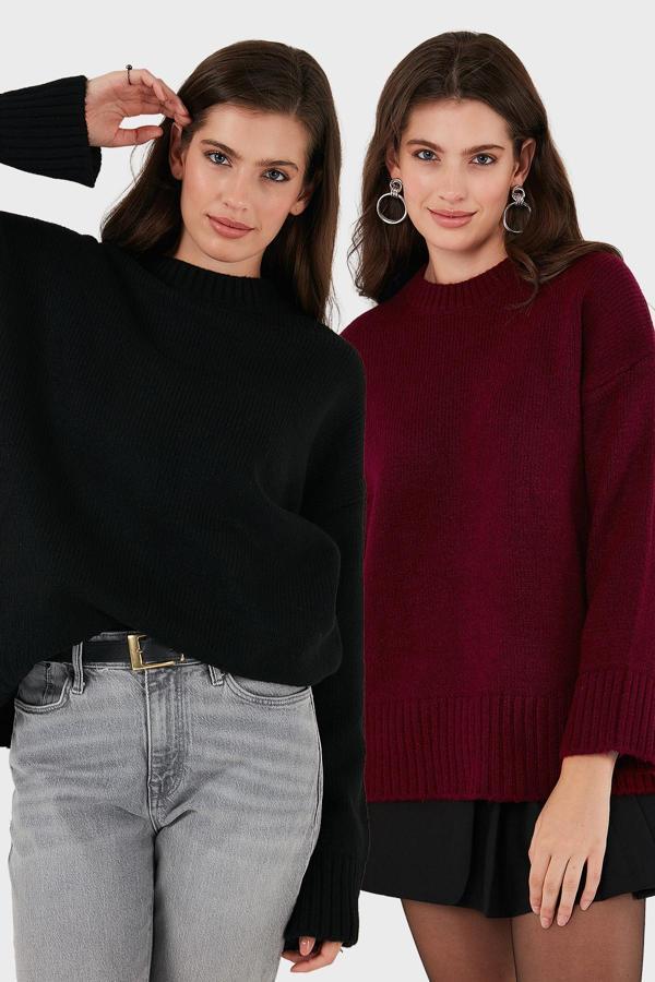 Lela Regular Fit Bisiklet Yaka Basic 2'li Paket Triko Bayan Kazak 4616213S2 BORDO-SİYAH - Image 1