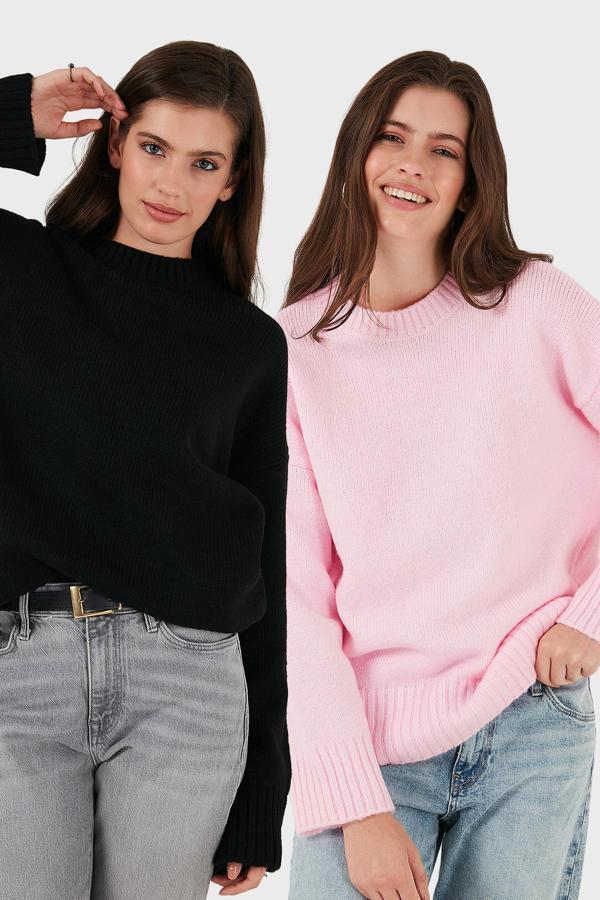 Lela Regular Fit Bisiklet Yaka Basic 2'li Paket Triko Bayan Kazak 4616213S2 SİYAH-TOZ PEMBE - Image 1