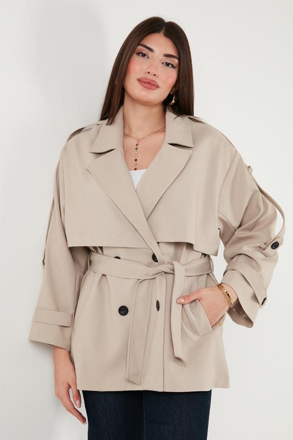 Lela Relaxed Fit Kruvaze Yaka Düğmeli Astarlı Bayan Trençkot 6839580 TAŞ - Image 1
