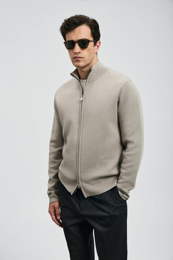 Lufian Yün Karışım Regular Fit Dik Yaka Erkek Hırka 112100072 BEJ - Image 1