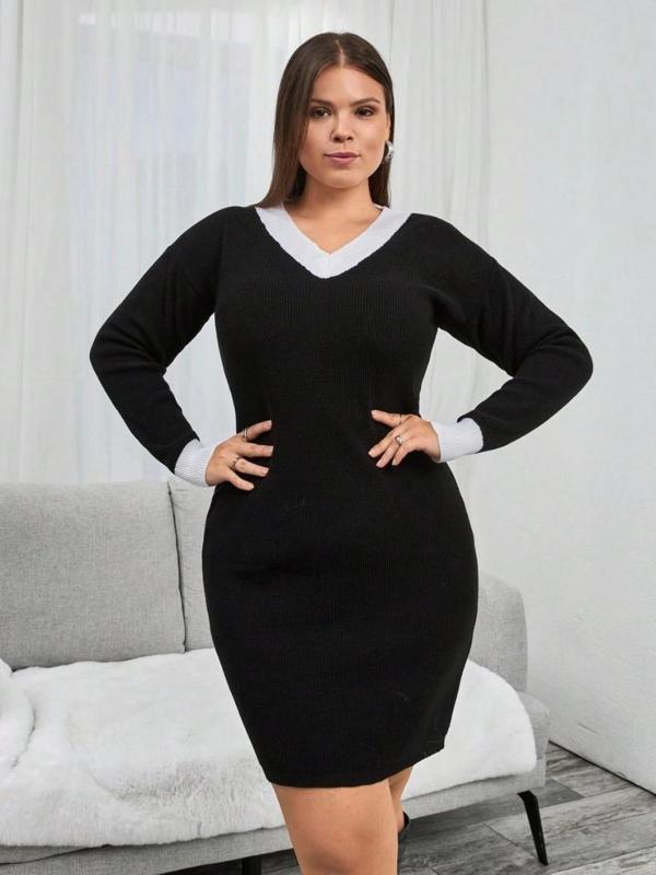 MDB Kadın Uzun Kollu V Yakalı Kısa Triko Elbise - Image 1