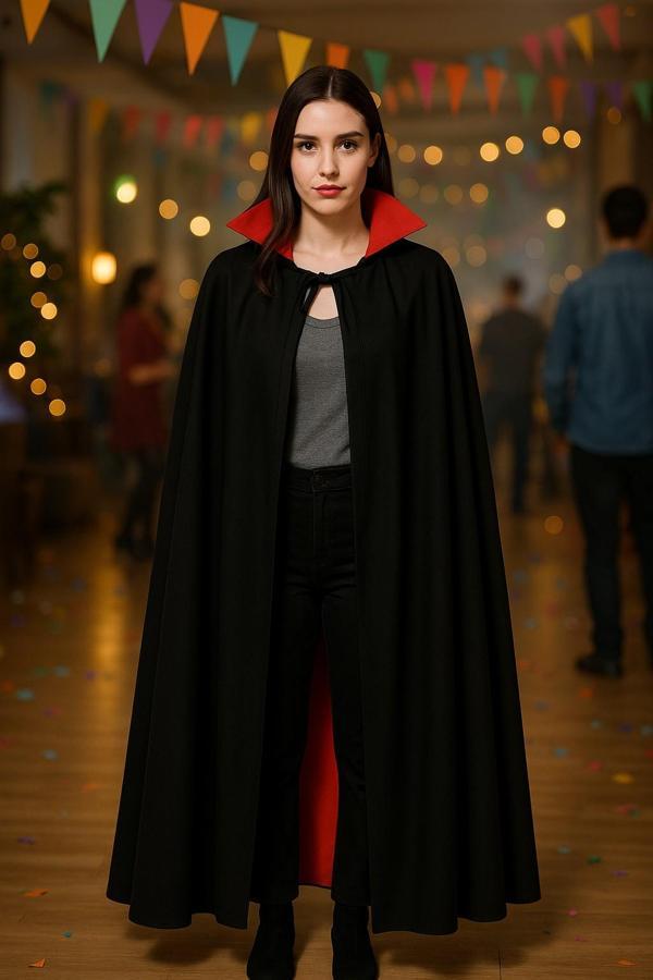 Cadılar Bayramı Halloween Kostüm Partisi Vampir Kan Emici Kont Drakula Kırmızı Yaka Pelerin 120 Cm - Image 1