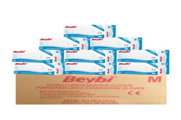 BEYBİ Pudralı Lateks Muayene Eldiveni - M Beden - 1 Koli 20 Kutu 100'lü Paket - Image 1