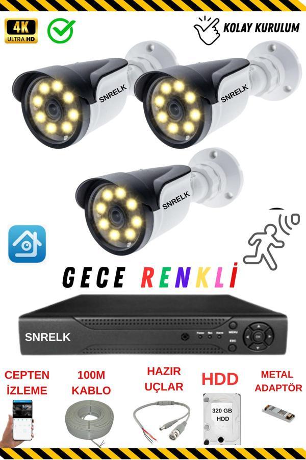 SNRELK  Hama 3 Kameralı 5mp lens 320gb Gece Renkli Su Geçirmez Güvenlik Kamera Seti 5536 - Image 1