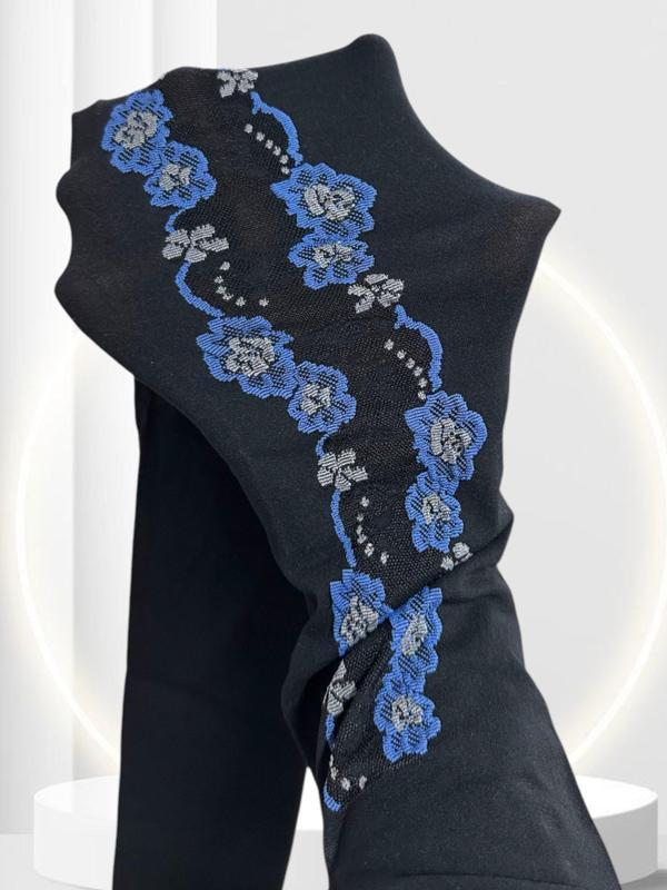 Ange 70 Den Siyah Mavi Çiçek Nakışlı Şık Külotlu Çorap - Image 1