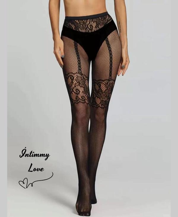 Kadın Fileli Jartiyer ve Dantel Görünümlü Desenli Tasarım Külotlu Çorap - Image 1