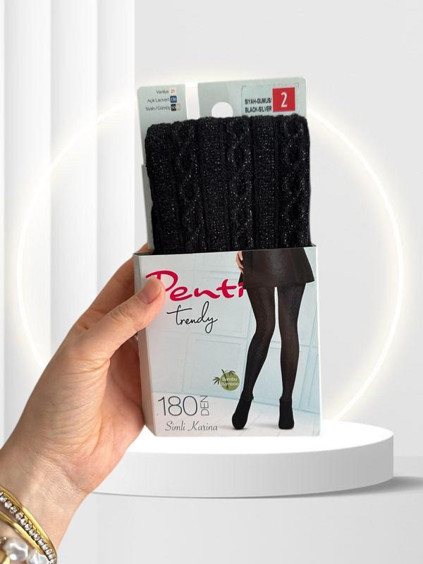 Penti Simli Karina Bambu 180 Den Siyah-Gümüş Renk Parlak İpli Desenli Külotlu Çorap - Image 1