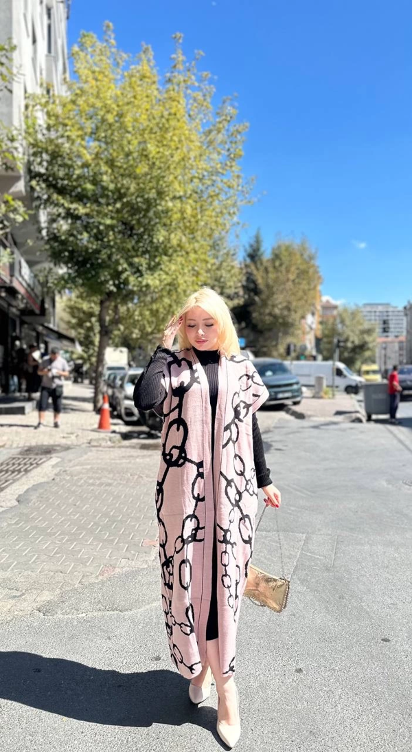 Siyah çizgi desenli elbiseli hırka takım pudra siyah - Image 1