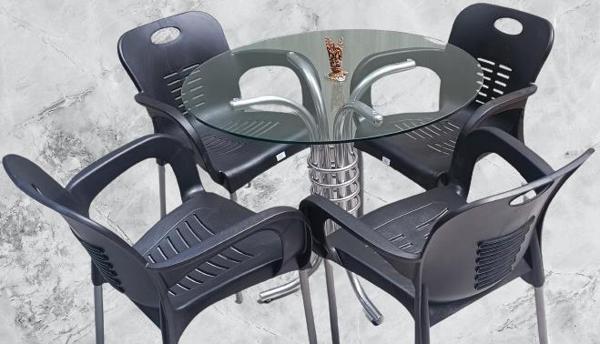 Bengi Ticaret Masa ST Takım Temper Cam Gri Siyah Kolçaklı Sandalye Mutfak Balkon Bahçe El Yapım - Image 1