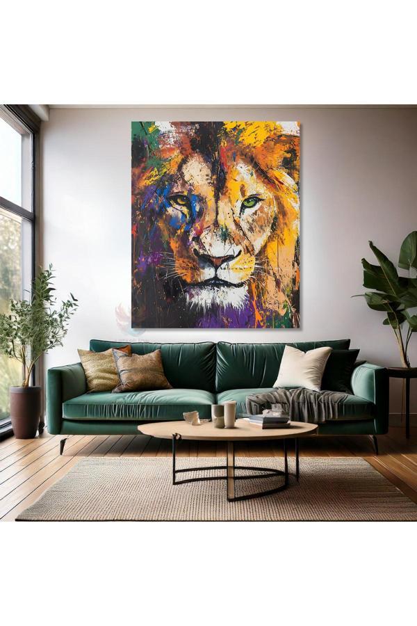 Renkli Aslan Tablosu Kanvas Aslan Görseli Oturma Odası Tablosu - Image 1