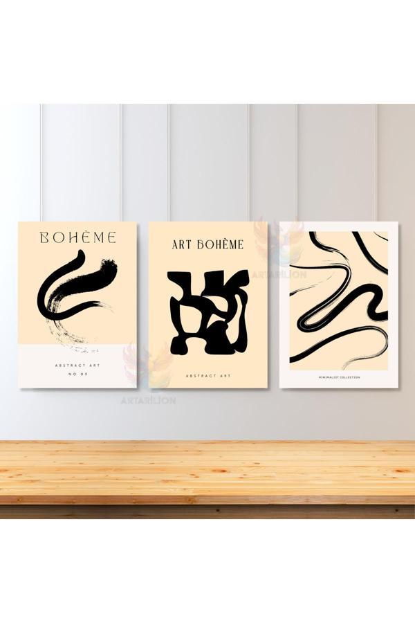 3'lü Set Kanvas Tablo Minimalist Tasarım Salon Tablosu Soyut Fırça Darbeleri Bohemian Kanvas Tablo - Image 1